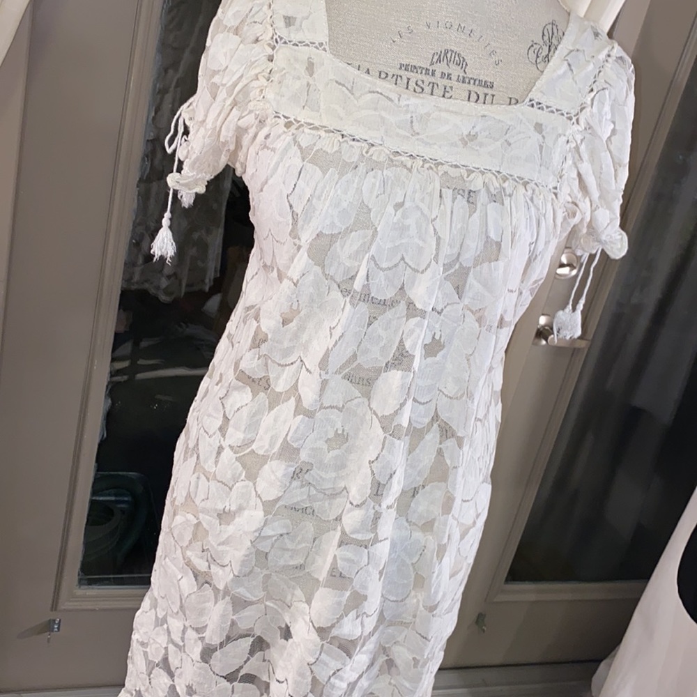Trulli Ivory white sheer lace floral dress shortsleeve size XS​ - Picture 2 of 8